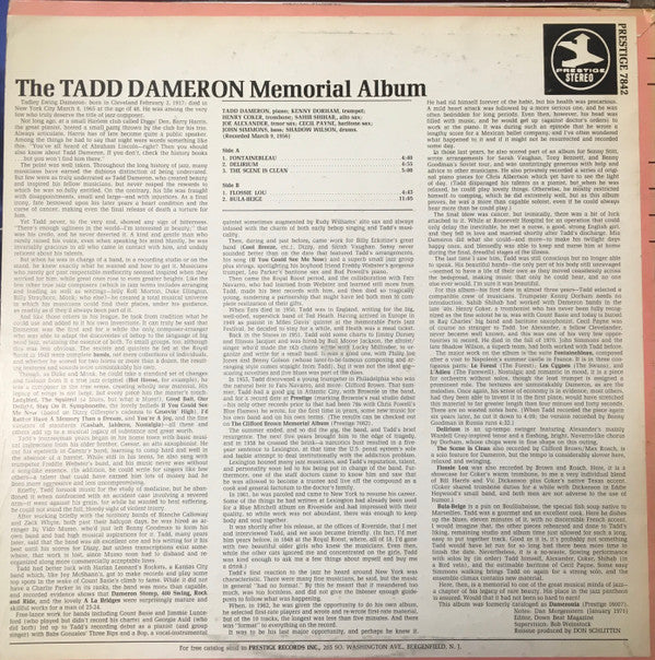 Tadd Dameron - The Tadd Dameron Memorial Album (Vinyl, LP, Album, Stereo, Reissue, Remastered) Good Plus (G+) / Very Good Plus (VG+)