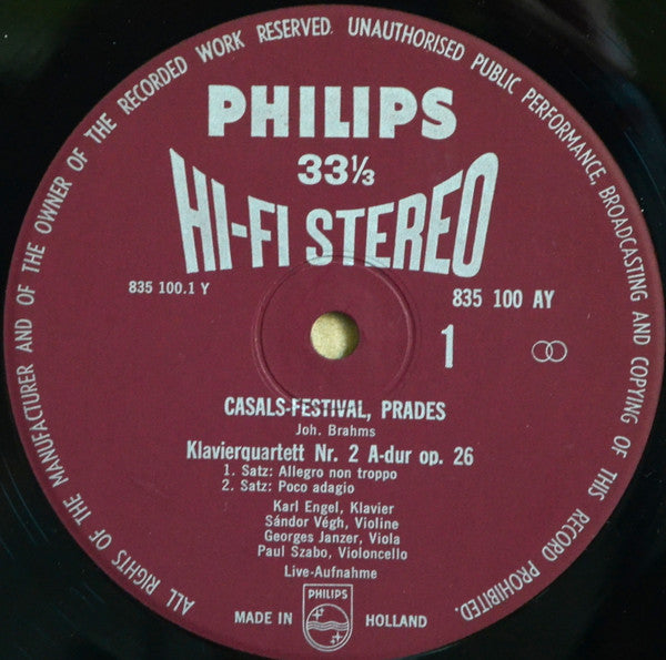 Johannes Brahms - Klavierquartett Nr. 2 A-Dur Op. 26 (Casals Festival Prades) (Vinyl, LP, Stereo) Very Good (VG) / Very Good (VG)
