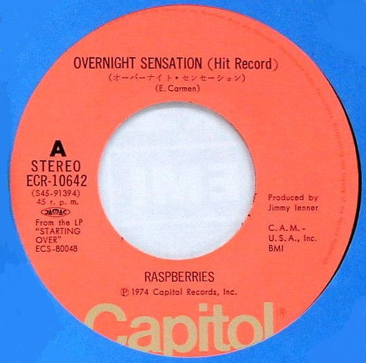 Raspberries - Overnight Sensation (Hit Record) (Vinyl, 7", 45 RPM, Single, Stereo) Very Good Plus (VG+) / Very Good Plus (VG+)