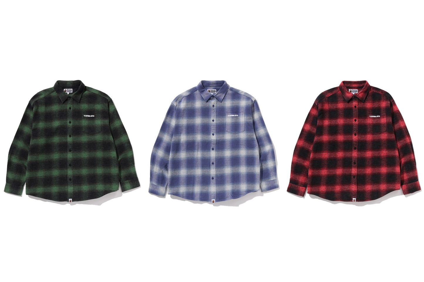 BAPE A BATHING APE LOGO OMBRE CHECK FLANNEL LS SHIRT