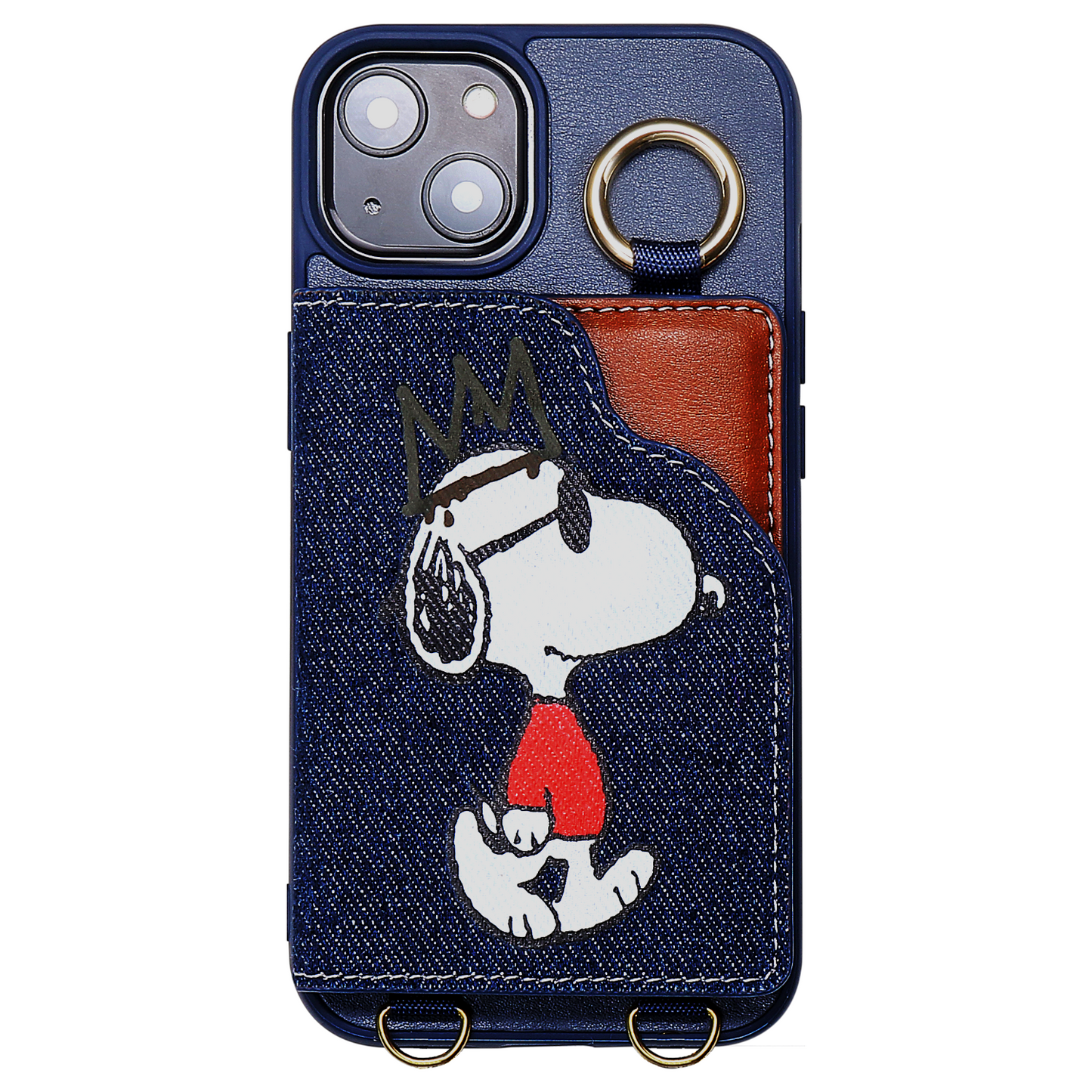[スヌーピー/SNOOPY]iPhone(アイフォン)用ス トラップ付 上質な本デニム生地スマホケース(ブルー）