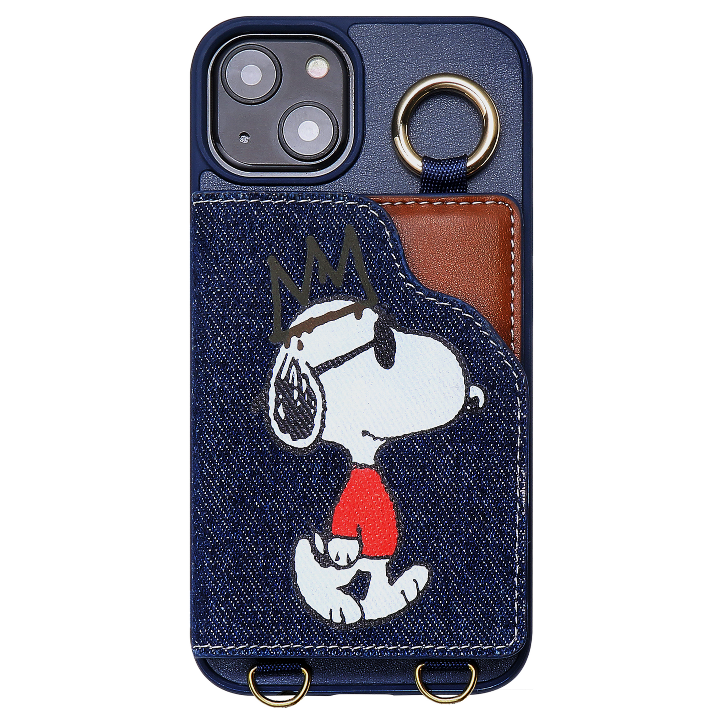 [スヌーピー/SNOOPY]iPhone(アイフォン)用ス トラップ付 上質な本デニム生地スマホケース(ブルー）