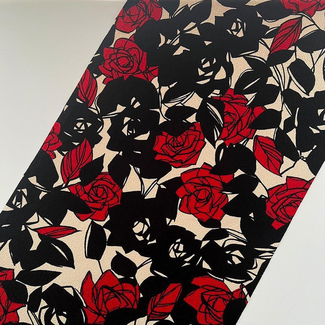 Retro-modern Chirimen Obiage (Sash) with a deep scarlet Yumeji rose on a sandy background.
