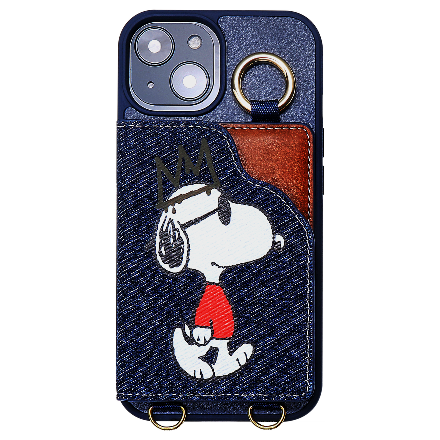 [スヌーピー/SNOOPY]iPhone(アイフォン)用ス トラップ付 上質な本デニム生地スマホケース(ブルー）