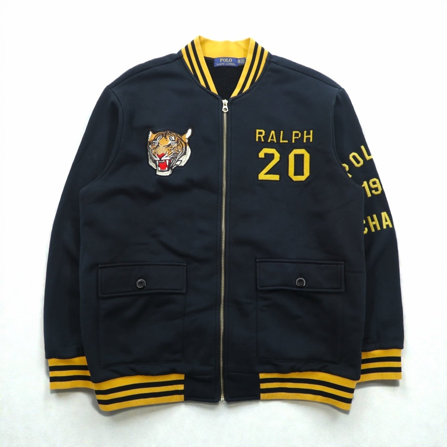 Polo Ralph Lauren スタジャン フルジップ スウェットボンバージャケット 2XL リブライン 虎 刺繍 ワッペン RL NAVAL TIGER PATCH BOMBER JACKET