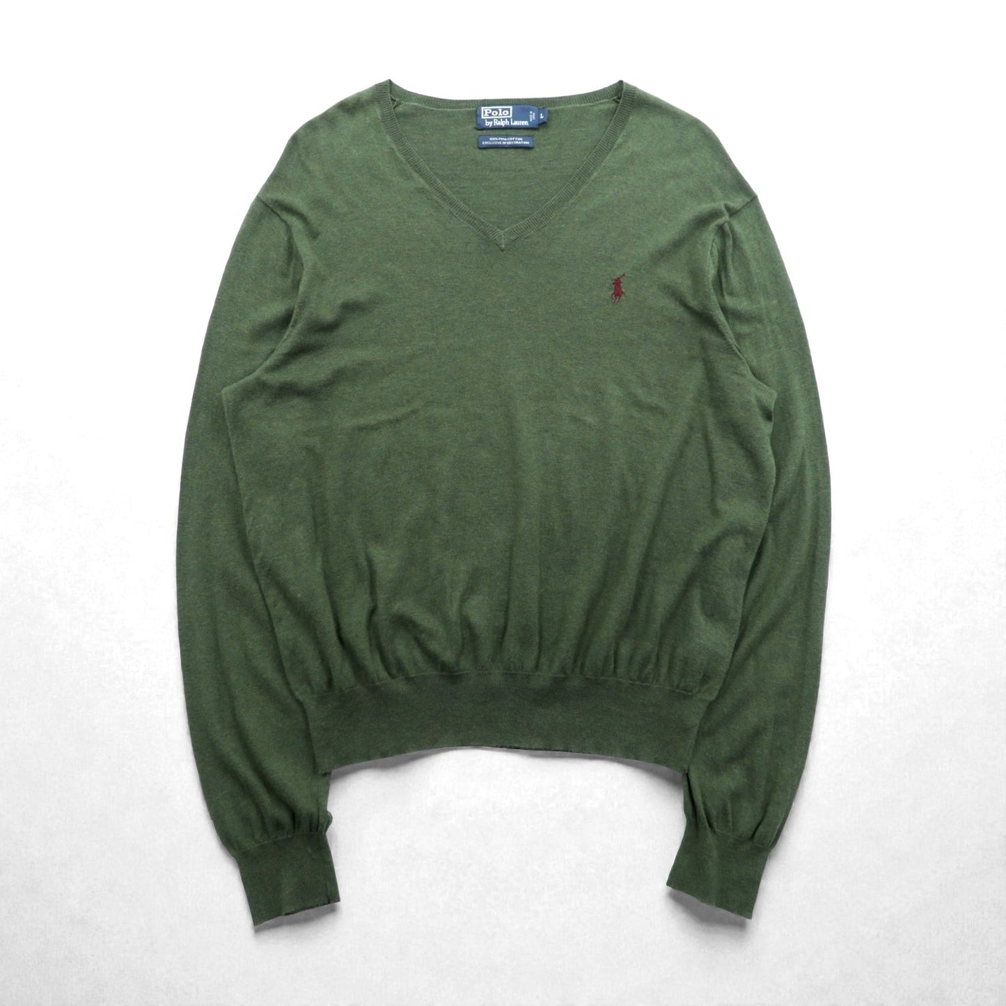 Polo Ralph Lauren 90年代 Vネック ピマコットン ニット セーター L カーキ スモールポニー刺繍