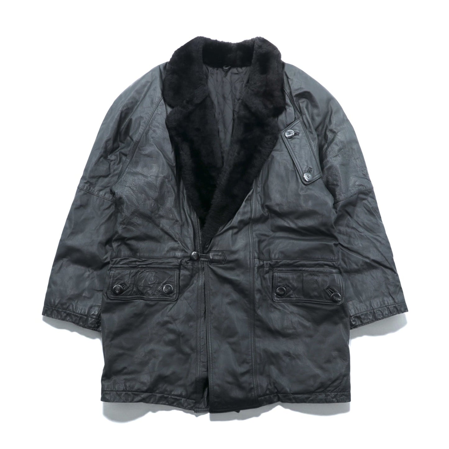 Vintage Black Leather Fur Coat ダブルブレスト レザー カーコート 中綿 XL ショールカラー ファー キルティングライナー ドローコード ZINIZ HOMME