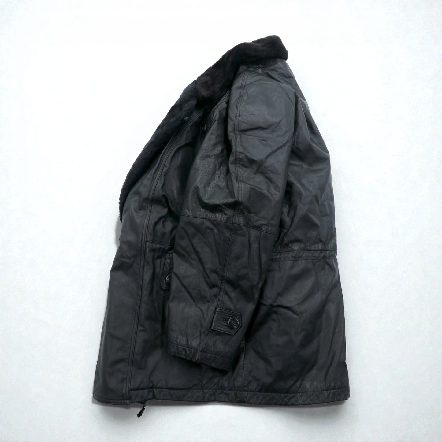 Vintage Black Leather Fur Coat ダブルブレスト レザー カーコート 中綿 XL ショールカラー ファー キルティングライナー ドローコード ZINIZ HOMME