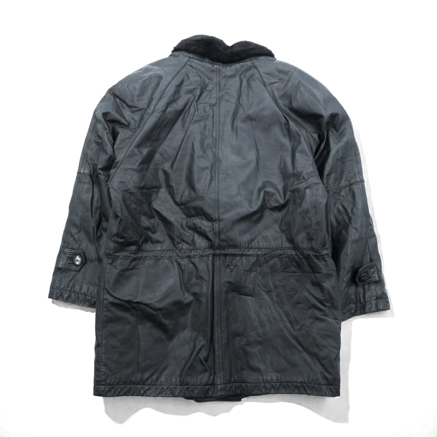 Vintage Black Leather Fur Coat ダブルブレスト レザー カーコート 中綿 XL ショールカラー ファー キルティングライナー ドローコード ZINIZ HOMME
