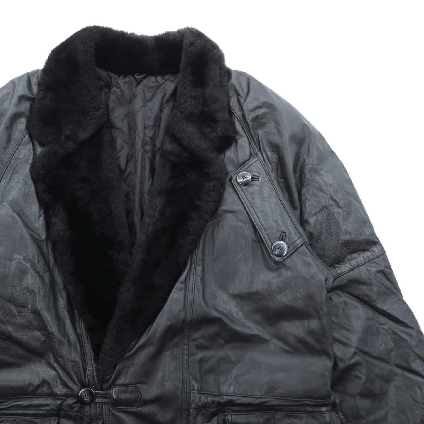 Vintage Black Leather Fur Coat ダブルブレスト レザー カーコート 中綿 XL ショールカラー ファー キルティングライナー ドローコード ZINIZ HOMME
