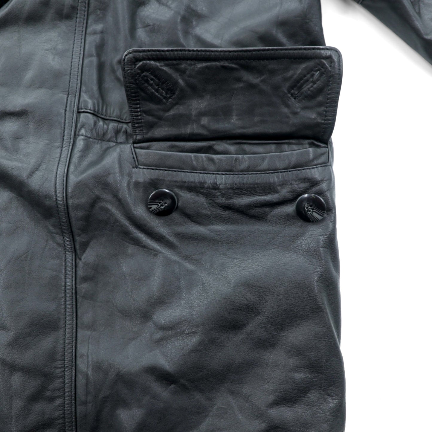 Vintage Black Leather Fur Coat ダブルブレスト レザー カーコート 中綿 XL ショールカラー ファー キルティングライナー ドローコード ZINIZ HOMME