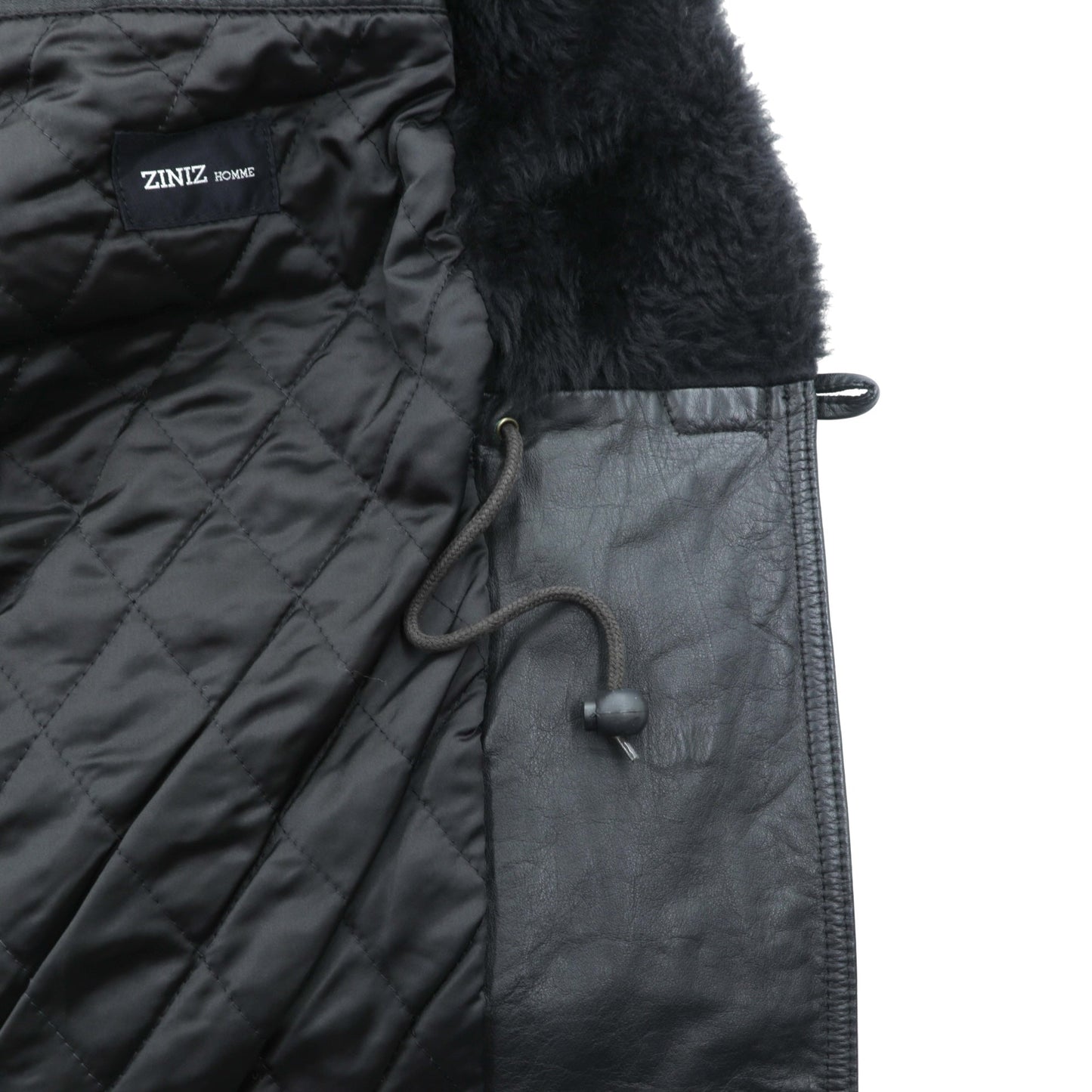 Vintage Black Leather Fur Coat ダブルブレスト レザー カーコート 中綿 XL ショールカラー ファー キルティングライナー ドローコード ZINIZ HOMME