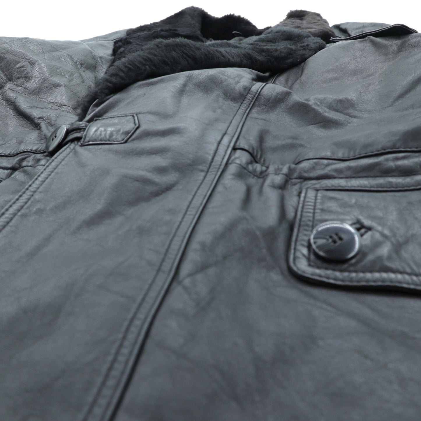 Vintage Black Leather Fur Coat ダブルブレスト レザー カーコート 中綿 XL ショールカラー ファー キルティングライナー ドローコード ZINIZ HOMME