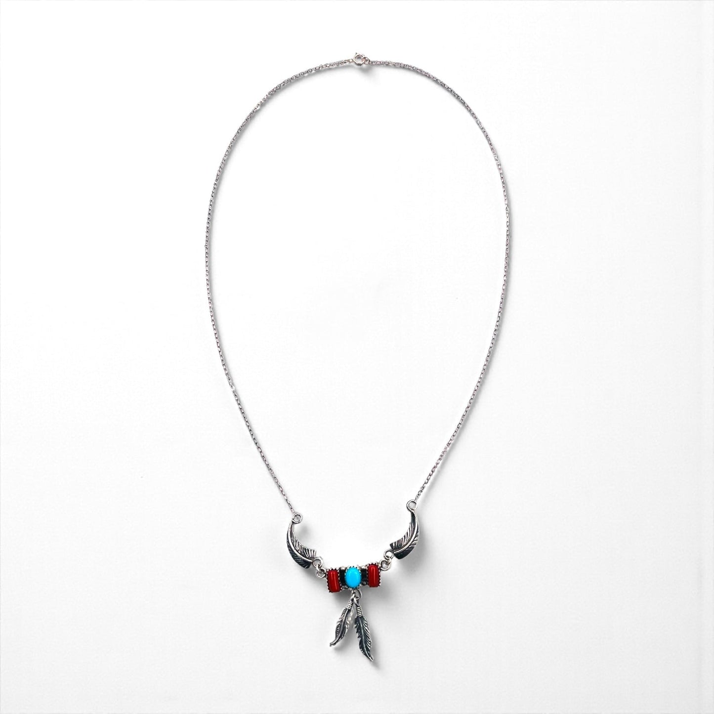 Vintage Feather Sterling Silver Necklace ターコイズ コーラル フェザー ネックレス シルバー STERLING 刻印 インディアンジュエリー
