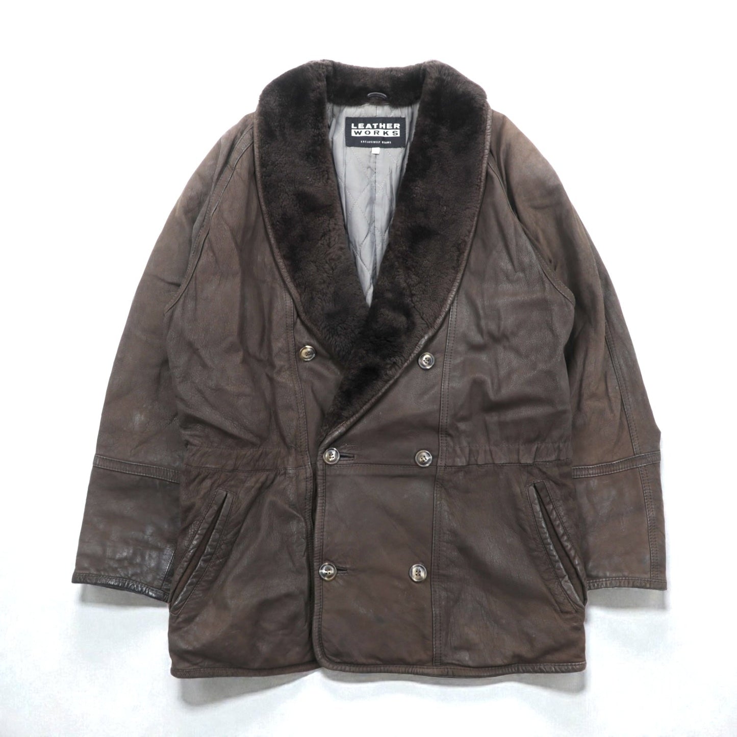 BEAMS 90年代 ショールカラー ダブルブレスト ムートンステンカラーコート M ブラウン レザー キルティング裏地 LEATHER WORKS EXCLUSIVELY BEAMS