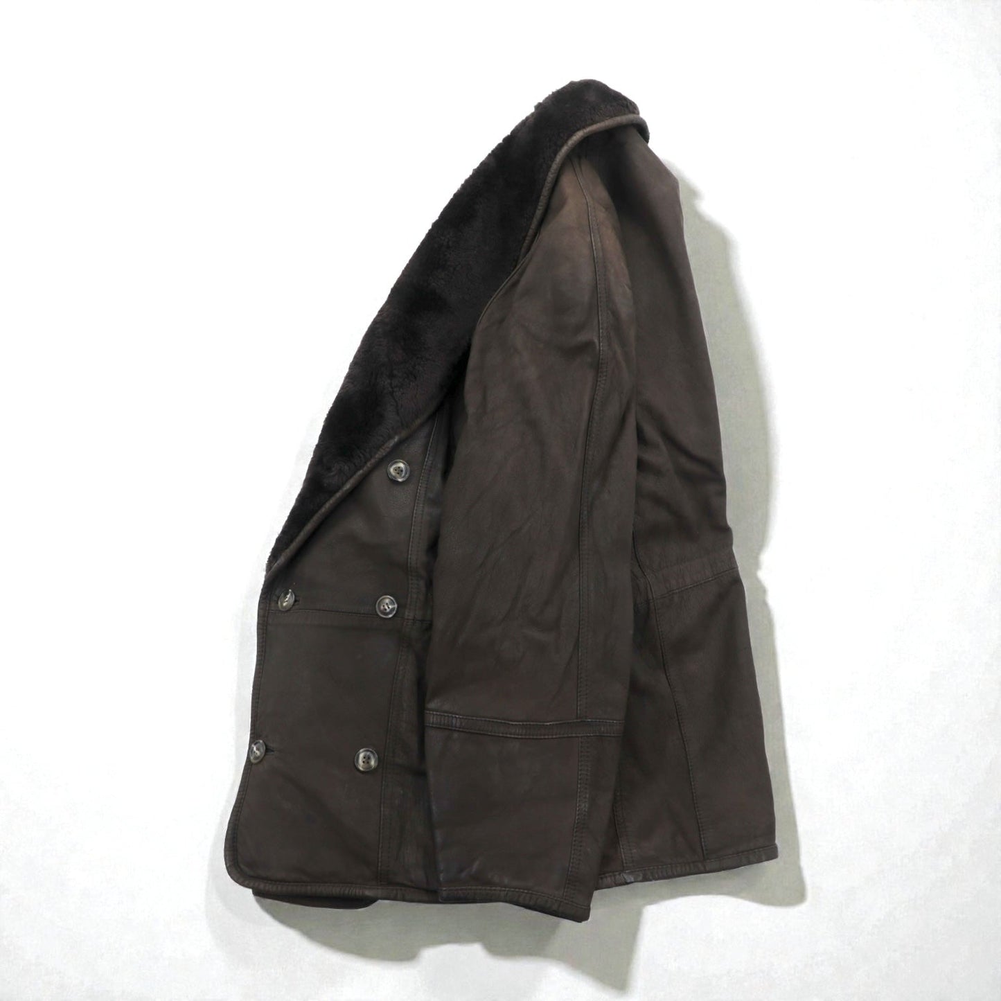 BEAMS 90年代 ショールカラー ダブルブレスト ムートンステンカラーコート M ブラウン レザー キルティング裏地 LEATHER WORKS EXCLUSIVELY BEAMS