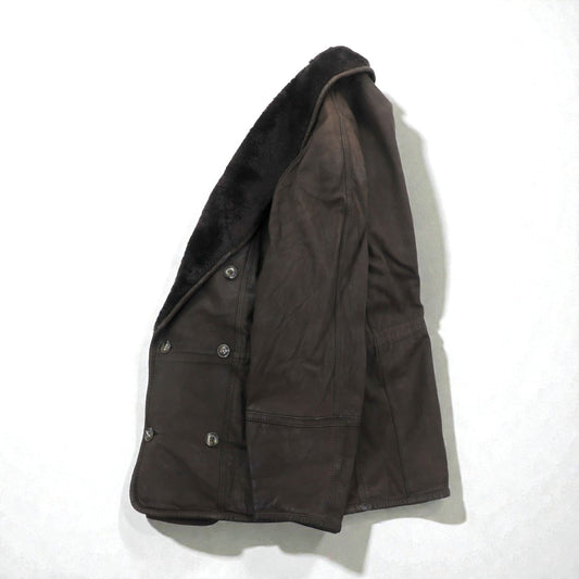 BEAMS 90年代 ショールカラー ダブルブレスト ムートンステンカラーコート M ブラウン レザー キルティング裏地 LEATHER WORKS EXCLUSIVELY BEAMS