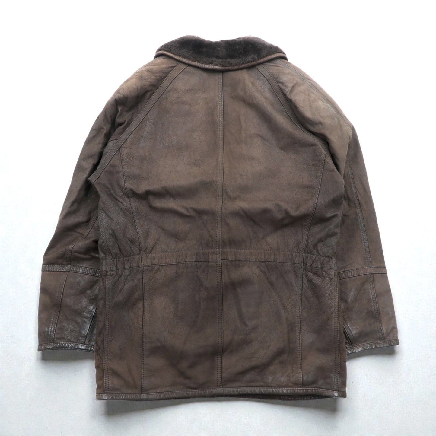 BEAMS 90年代 ショールカラー ダブルブレスト ムートンステンカラーコート M ブラウン レザー キルティング裏地 LEATHER WORKS EXCLUSIVELY BEAMS