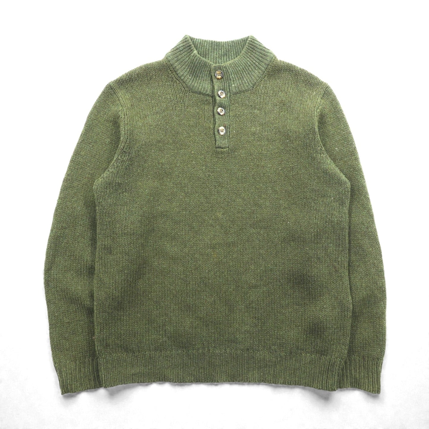 L.L.Bean ヘンリーネック ニット セーター L レザーエルボーパッチ カーキ ウール DBH1