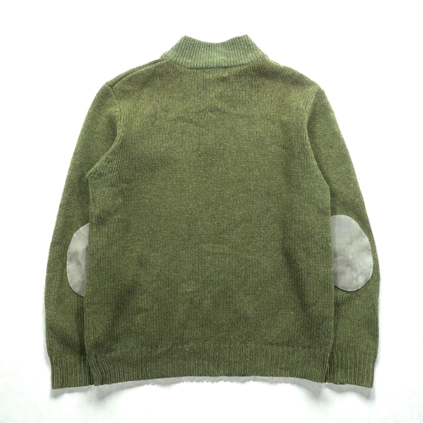 L.L.Bean ヘンリーネック ニット セーター L レザーエルボーパッチ カーキ ウール DBH1