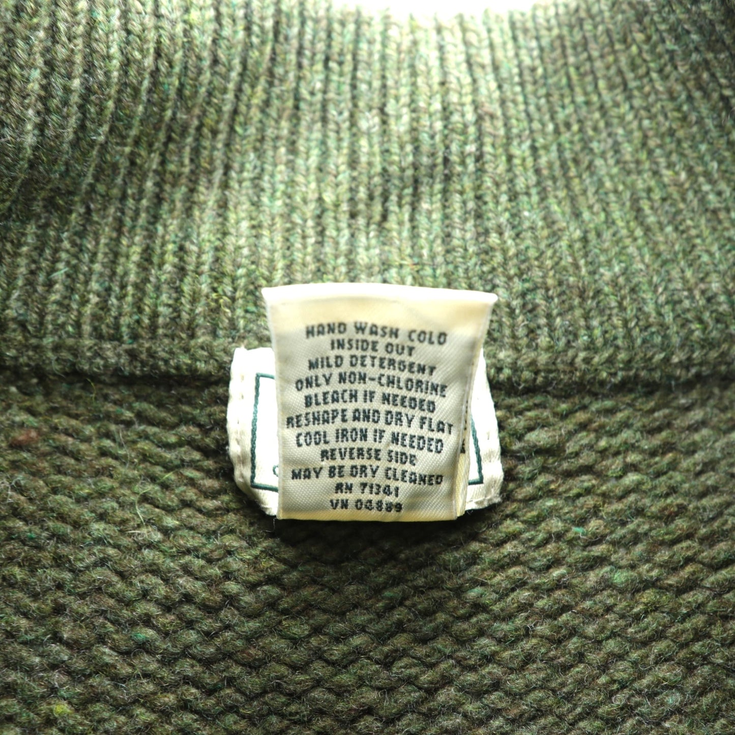 L.L.Bean ヘンリーネック ニット セーター L レザーエルボーパッチ カーキ ウール DBH1
