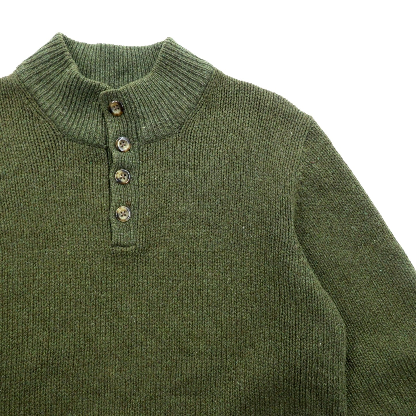 L.L.Bean ヘンリーネック ニット セーター L レザーエルボーパッチ カーキ ウール DBH1