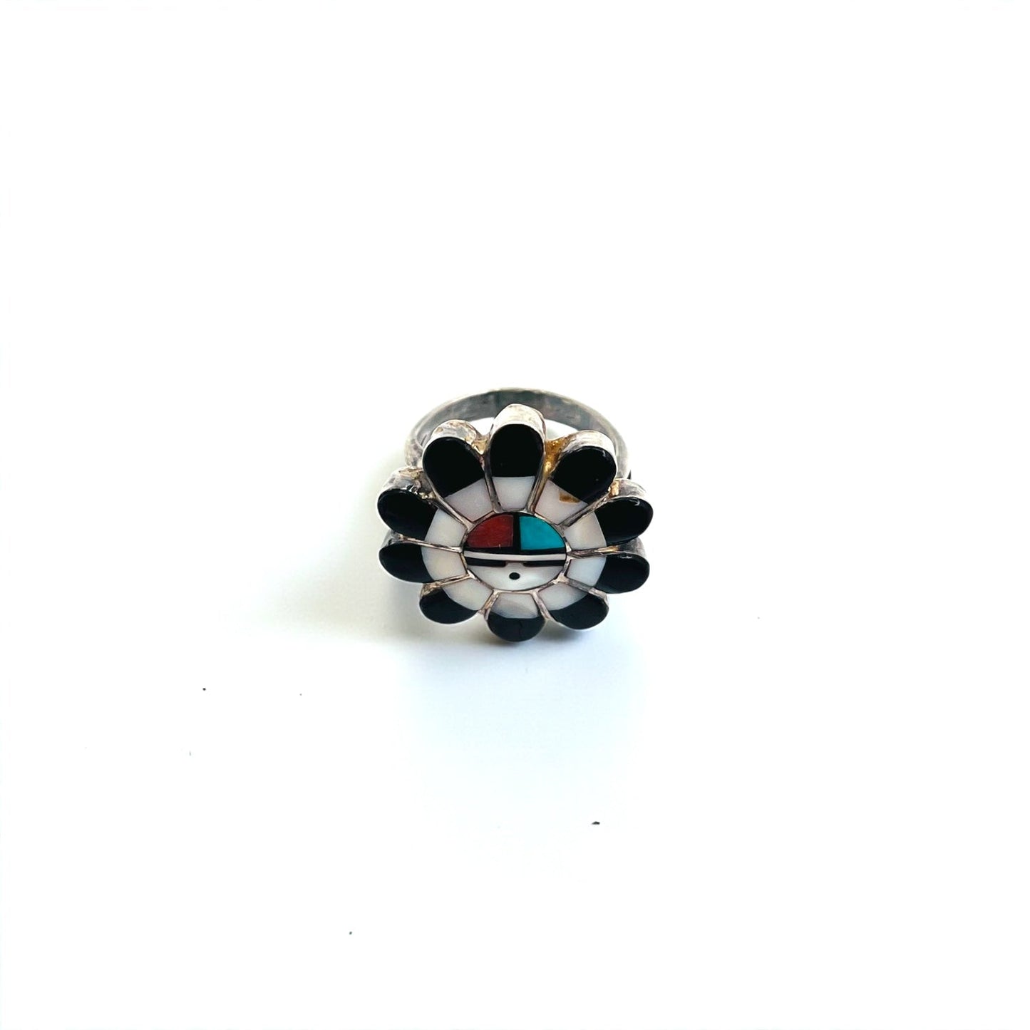 Vintage Zuni Sterling Silver Ring ズニ族 フラワー サンフェイス リング 指輪 11号 インレイ シルバー 刻印 ホールマーク ターコイズ コーラル シェル オニキス インディアンジュエリー