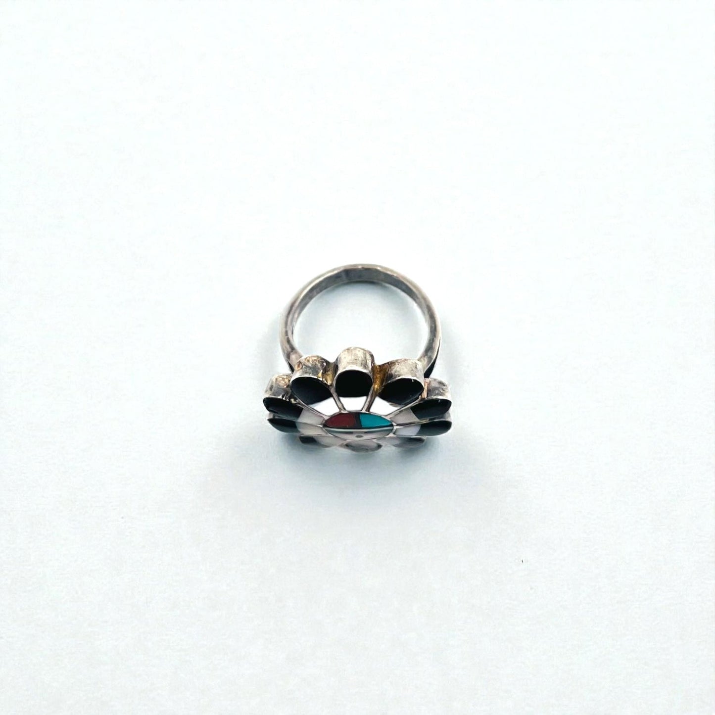 Vintage Zuni Sterling Silver Ring ズニ族 フラワー サンフェイス リング 指輪 11号 インレイ シルバー 刻印 ホールマーク ターコイズ コーラル シェル オニキス インディアンジュエリー