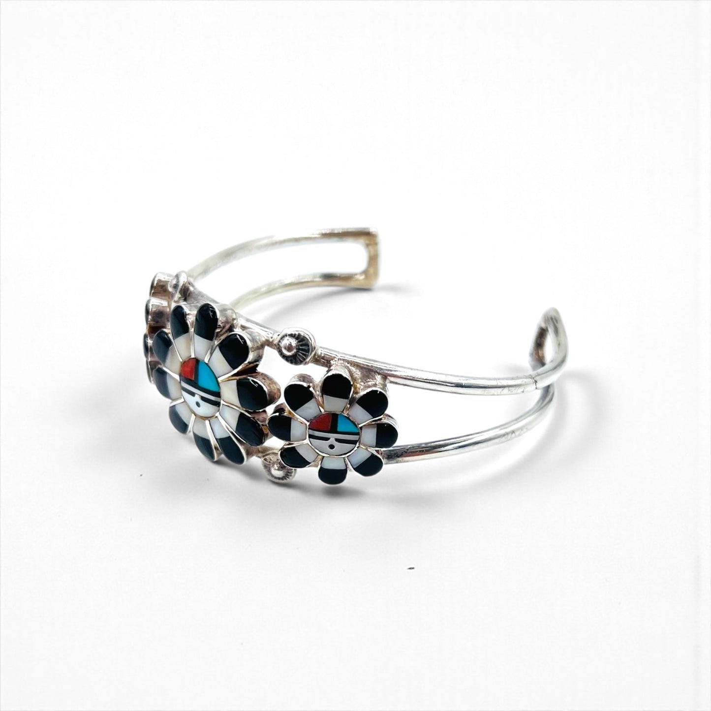 Vintage Silver Cuff Bracelet ズニ族 サンフェイス バングル インレイ STERLING 刻印 インディアンジュエリー