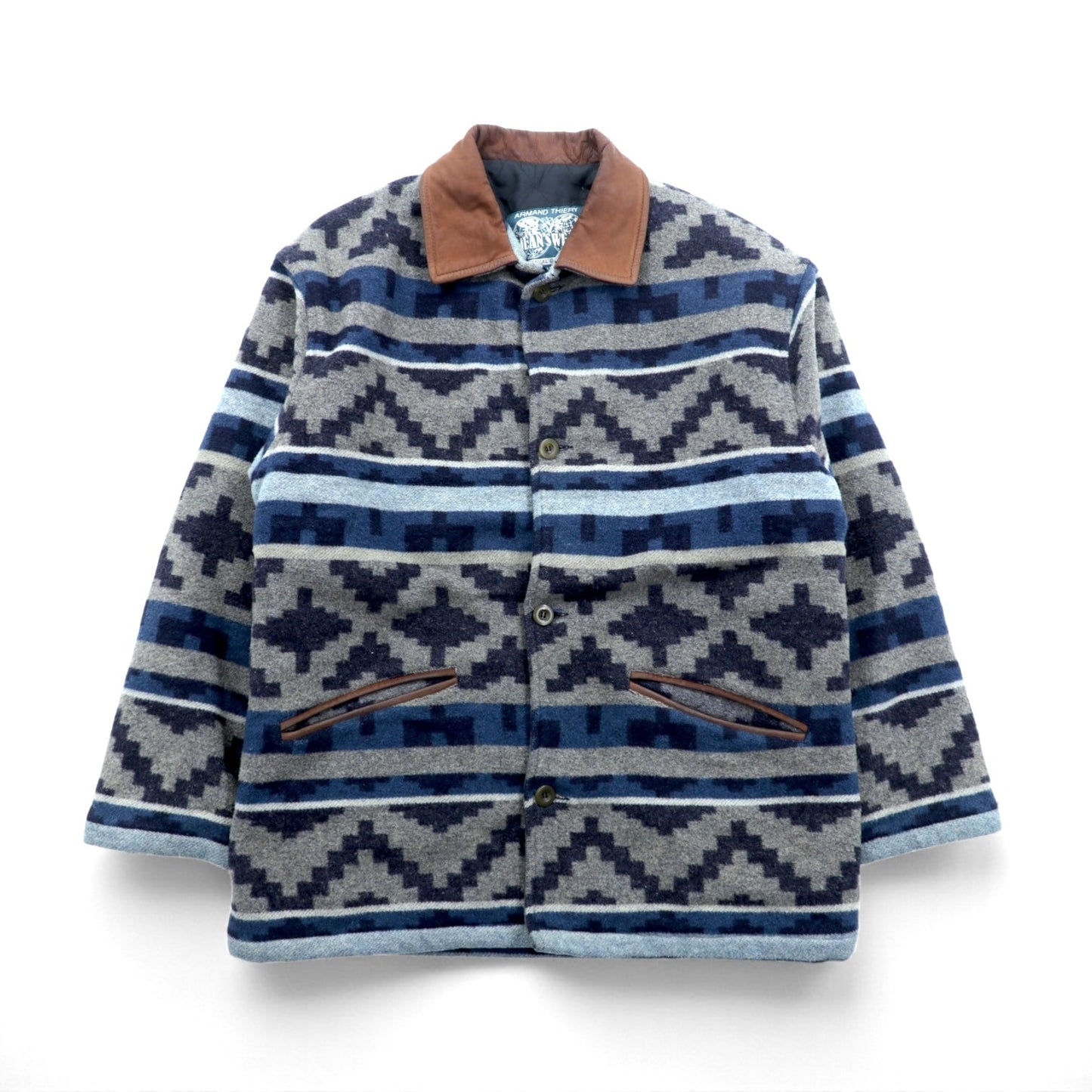 90s Blanket Jacket チマヨ チョアコート カバーオール XL ウール ブランケット ネイティブ柄 レザー襟 ARMAND THIERY JEANSWEAR