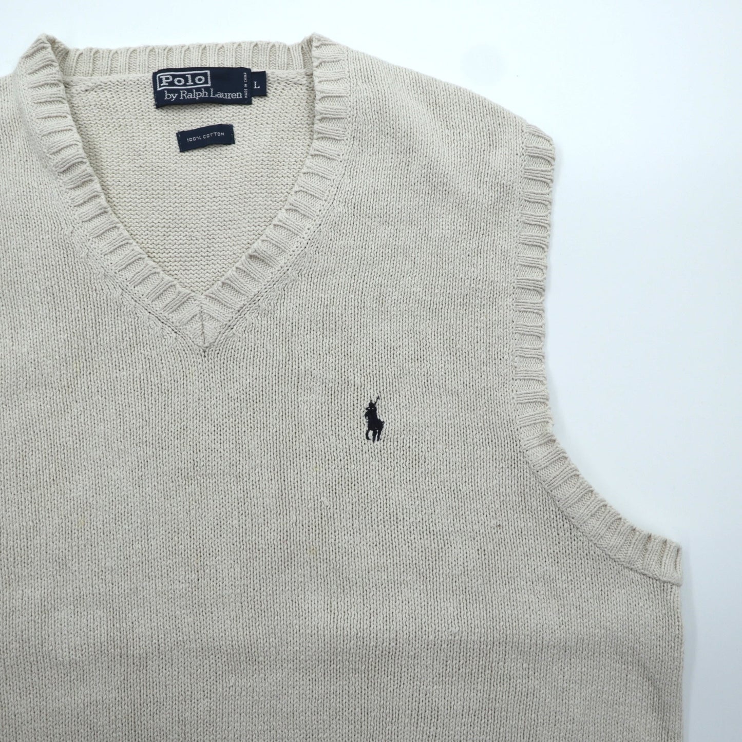 Polo Ralph Lauren 90年代 Vネック コットンニット ベスト L ベージュ スモールポニー刺繍