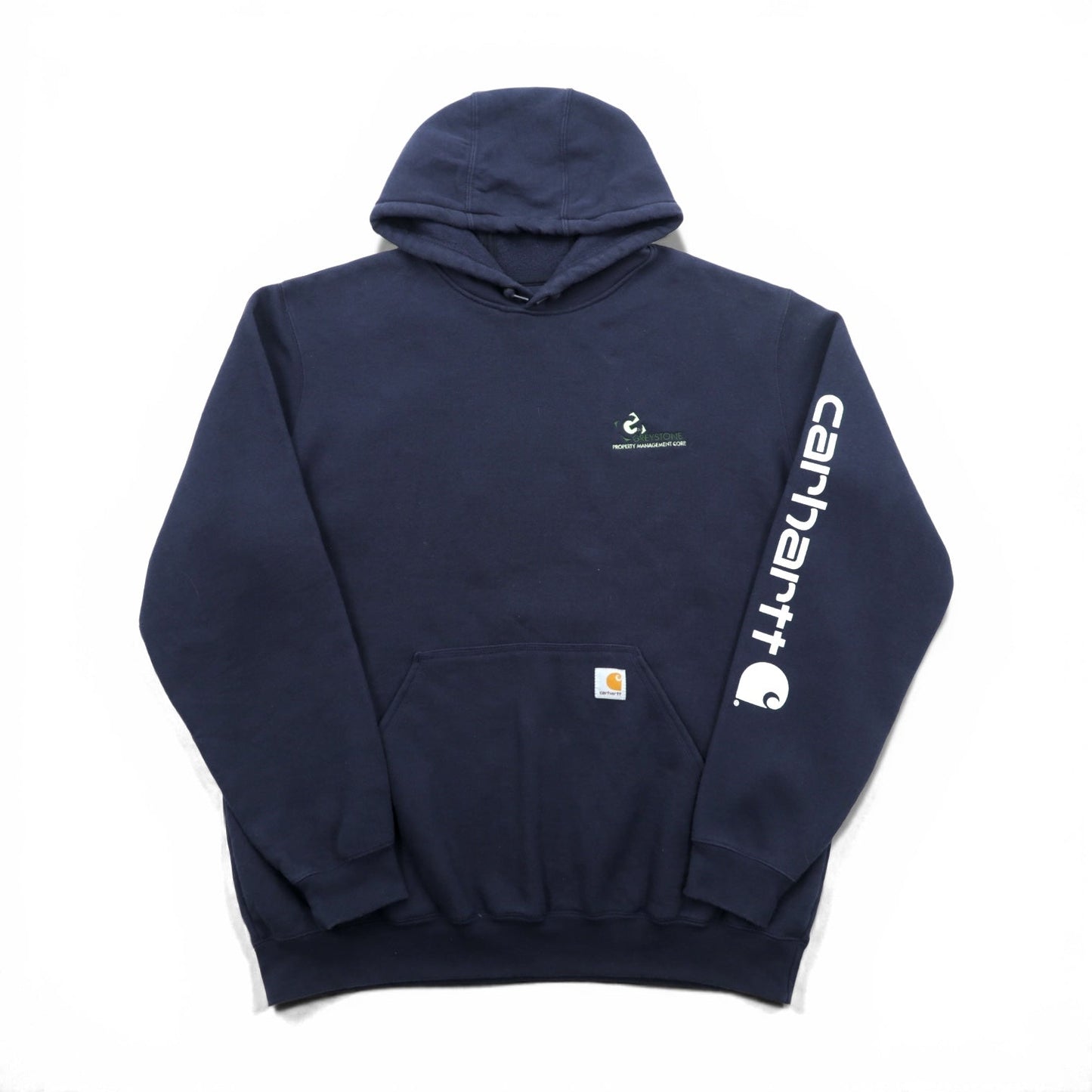 carhartt プルオーバー パーカー L ネイビー 裏起毛 カンガルーポケット 袖ロゴ K288