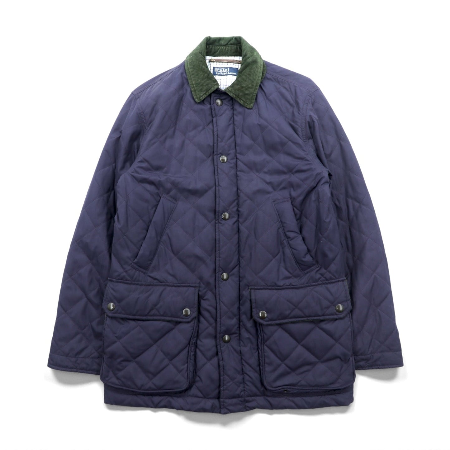 Polo Ralph Lauren 90年代 中綿 キルティングジャケット L ネイビー 襟コーデュロイ ダブルジップ チンストラップ エルボーパッチ 裏地チェック