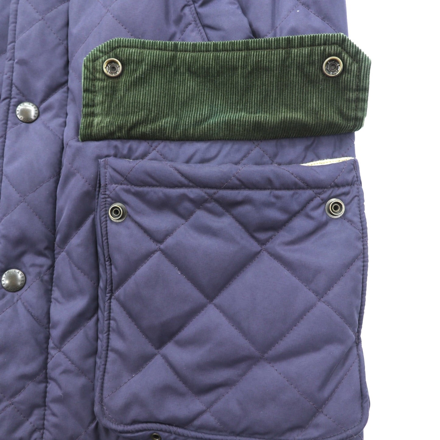 Polo Ralph Lauren 90年代 中綿 キルティングジャケット L ネイビー 襟コーデュロイ ダブルジップ チンストラップ エルボーパッチ 裏地チェック