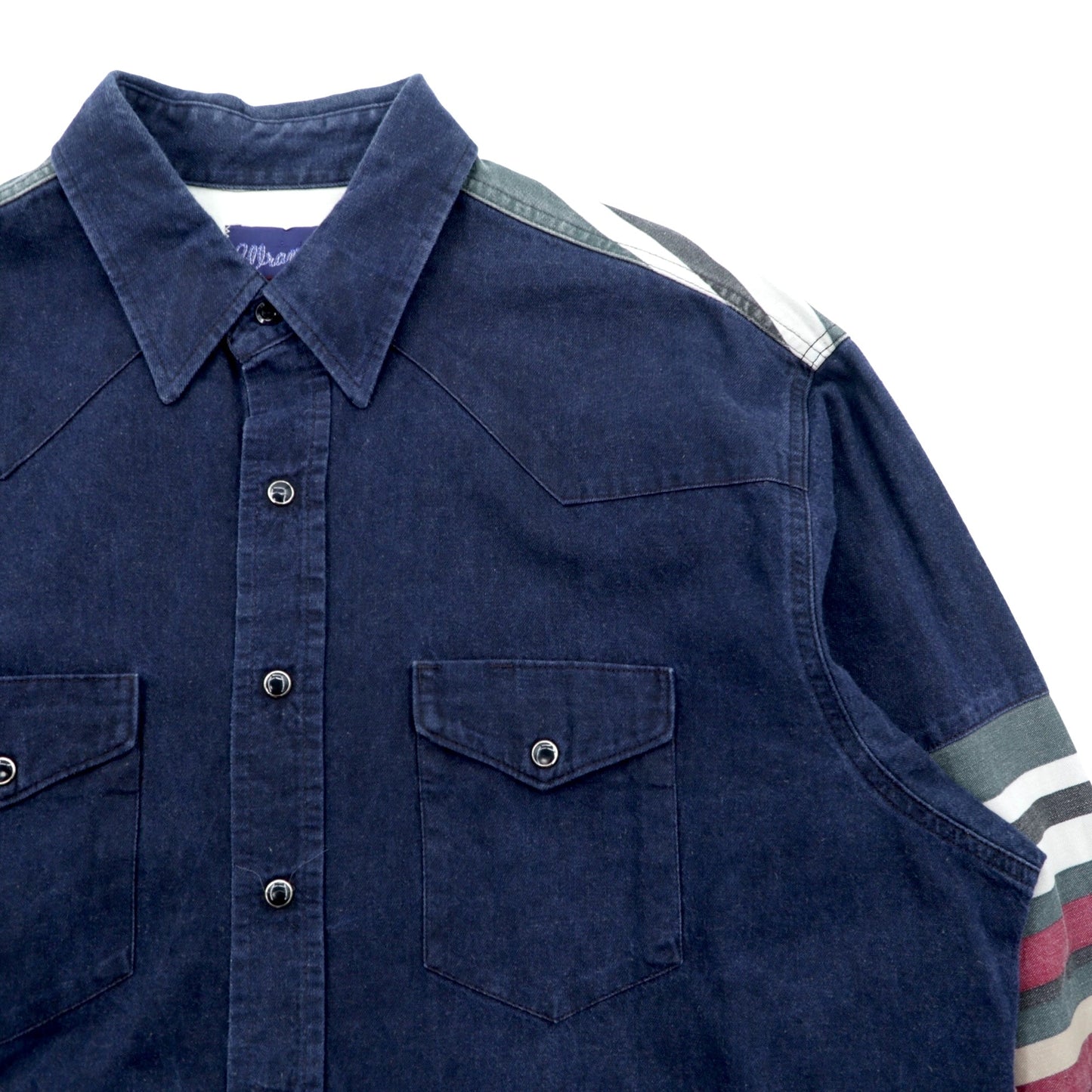 Wrangler 90年代 デニム ウエスタン シャツ XL ネイビー 濃紺 ストライプ 胸ポケット 切替デザイン
