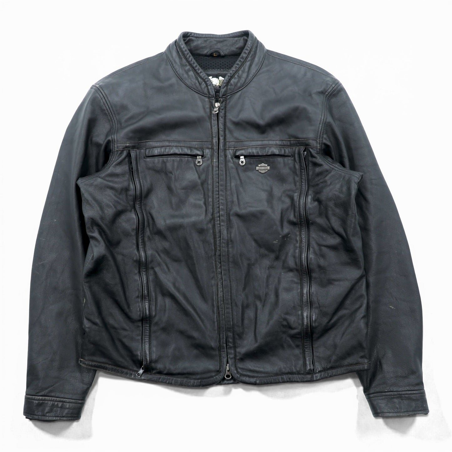 HARLEY DAVIDSON シングル ライダースジャケット L ブラック ダブルジップ レザー 本革 バック エンボスロゴ