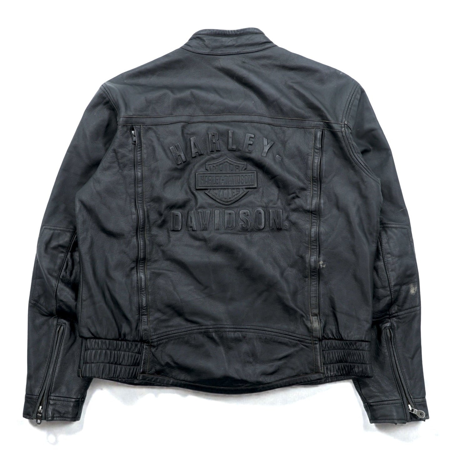 HARLEY DAVIDSON シングル ライダースジャケット L ブラック ダブルジップ レザー 本革 バック エンボスロゴ
