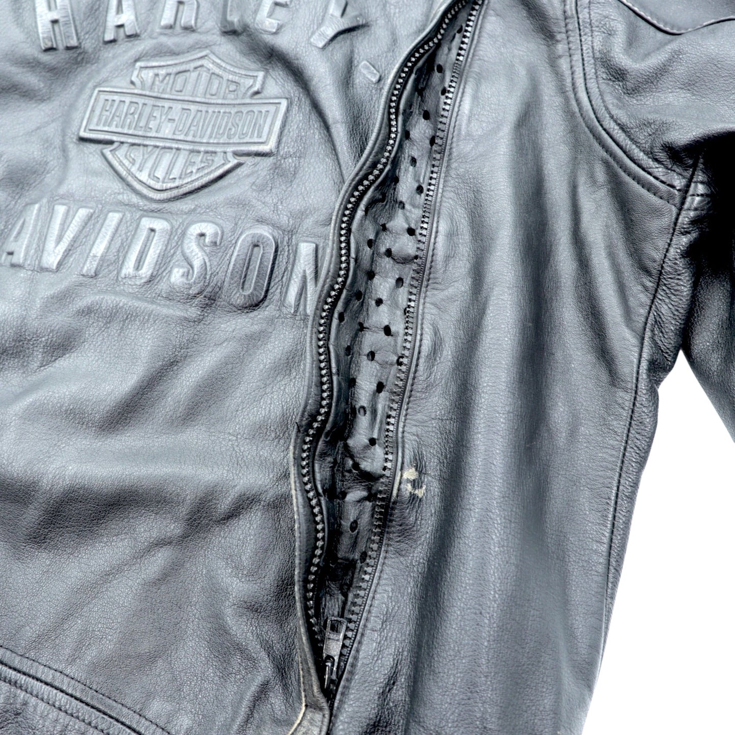 HARLEY DAVIDSON シングル ライダースジャケット L ブラック ダブルジップ レザー 本革 バック エンボスロゴ