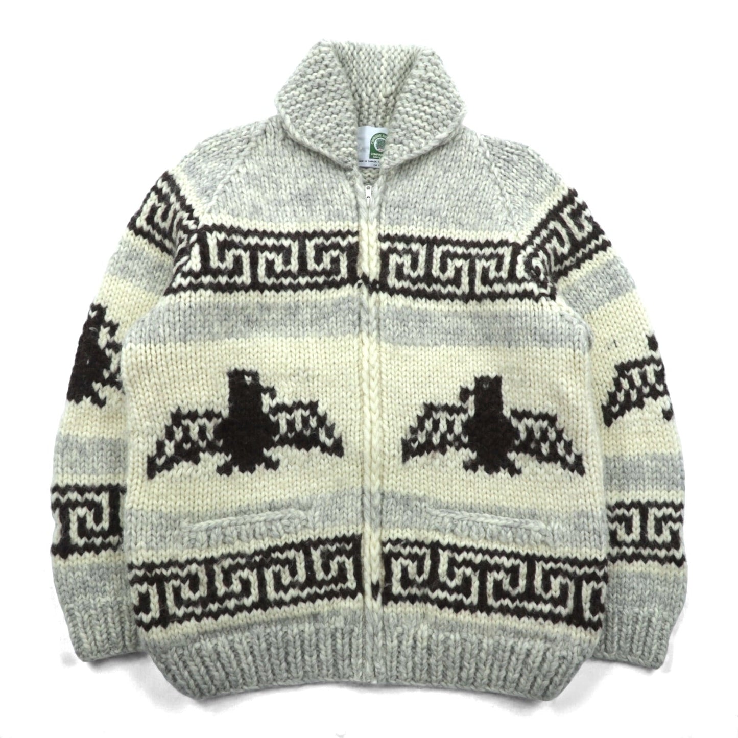 CANADIAN SWEATER 90年代 カナダ製 ヴィンテージ カウチンニット L ウール  サンダーバード ジップアップ カーディガン
