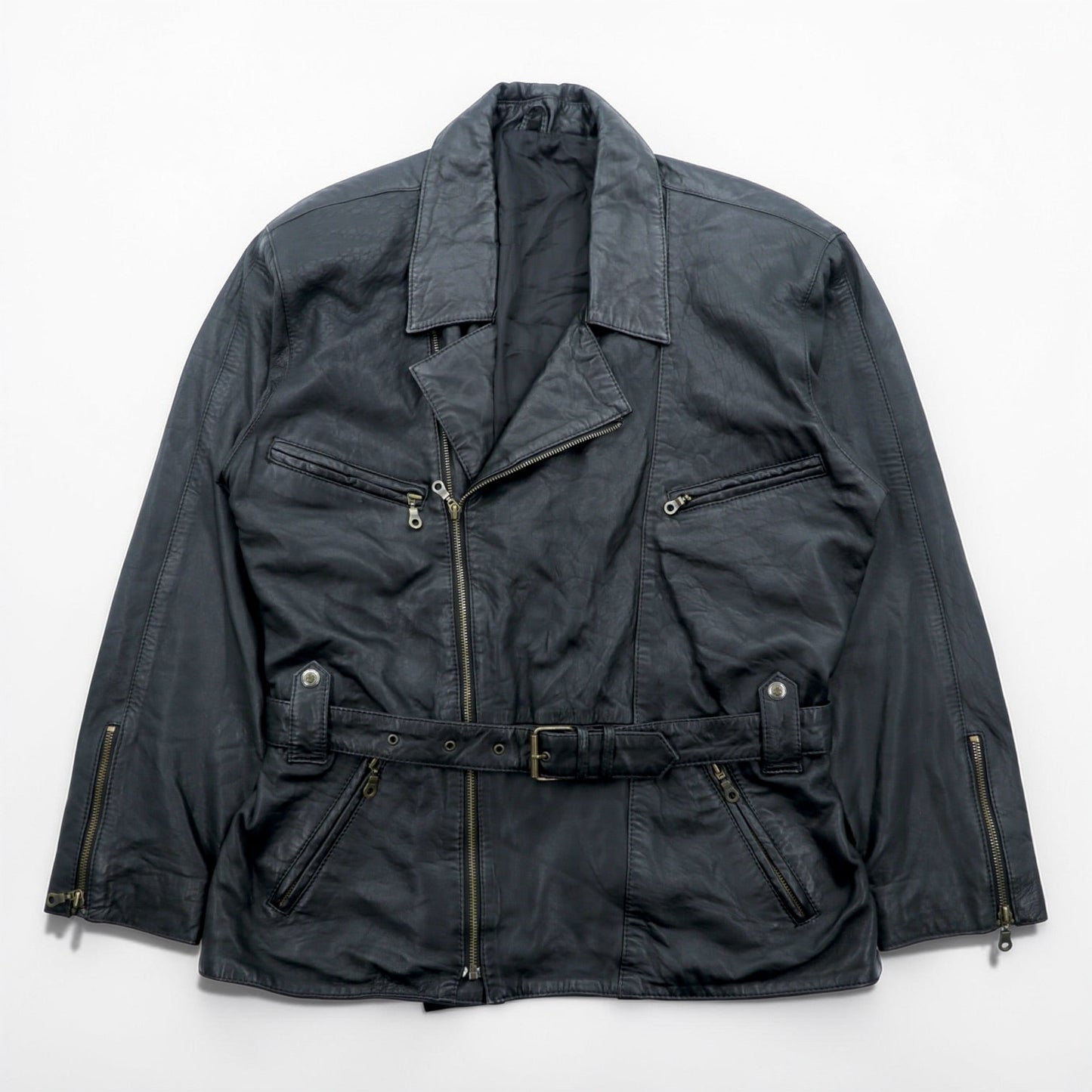 MADDOX 90年代 ユーロヴィンテージ ナッパレザー ロング ダブルライダースジャケット XL ブラック コート ウエストベルト
