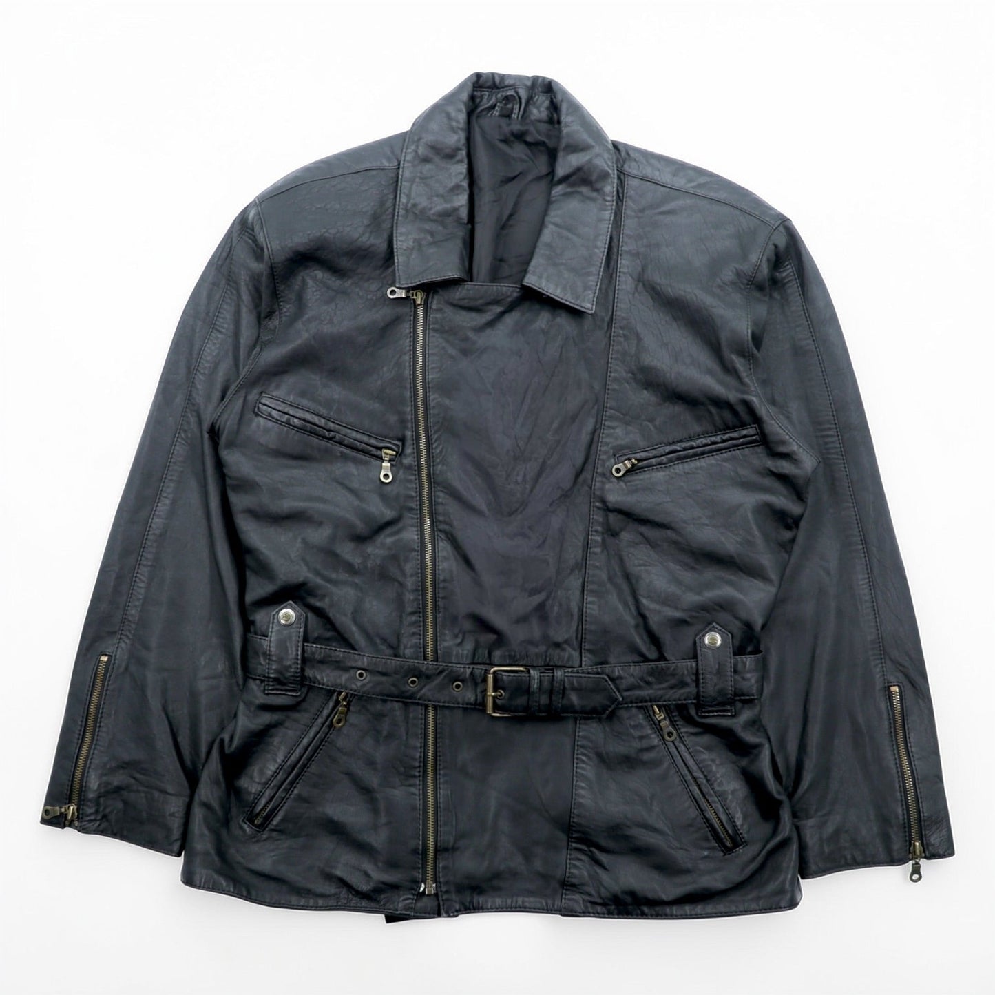 MADDOX 90年代 ユーロヴィンテージ ナッパレザー ロング ダブルライダースジャケット XL ブラック コート ウエストベルト