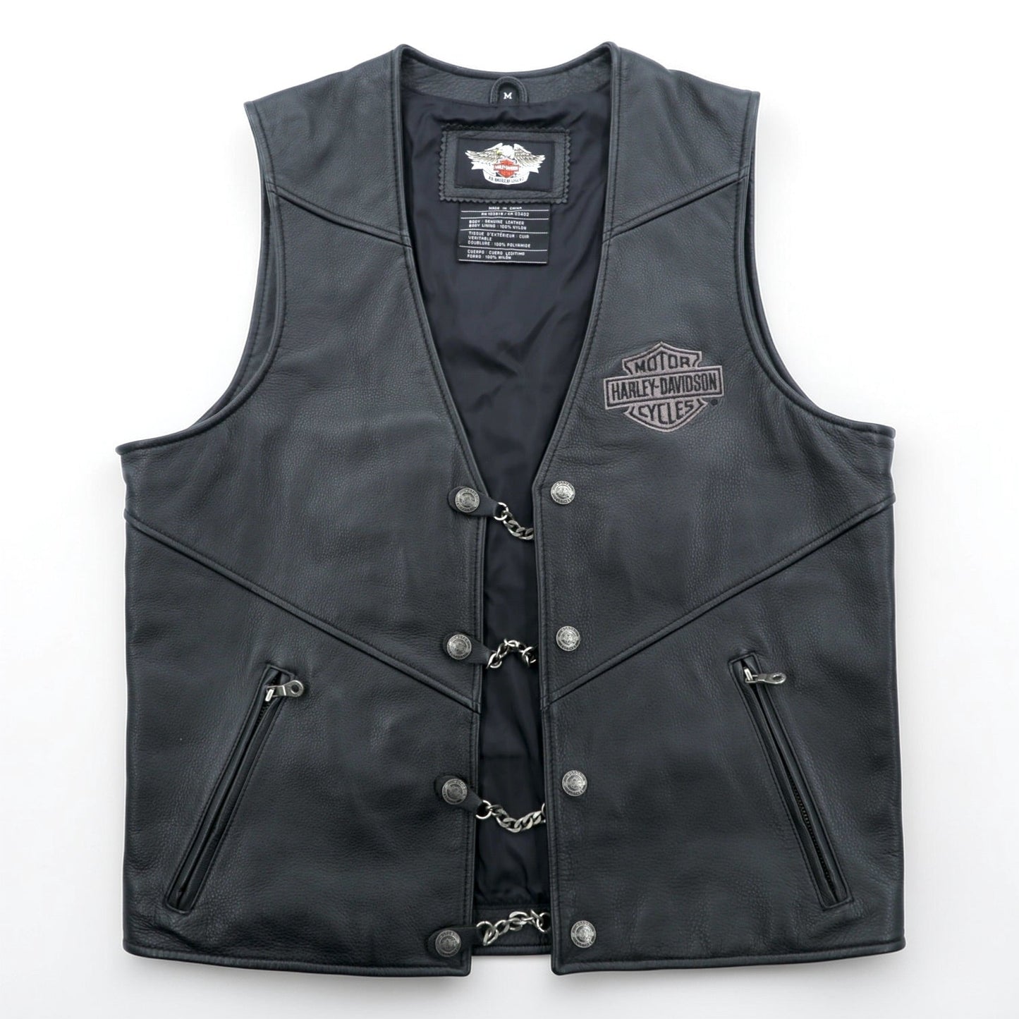 HARLEY DAVIDSON チェーンフロント レザーベスト M ブラック チェーンボタン レースアップ 刺繍 バイカー