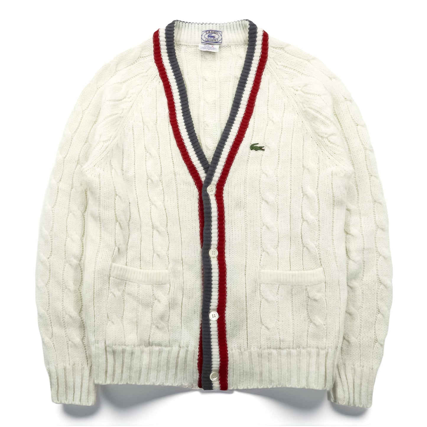 IZOD LACOSTE 70年代 ヴィンテージ ニット カーディガン M ホワイト 糸巻タグ トリコロール