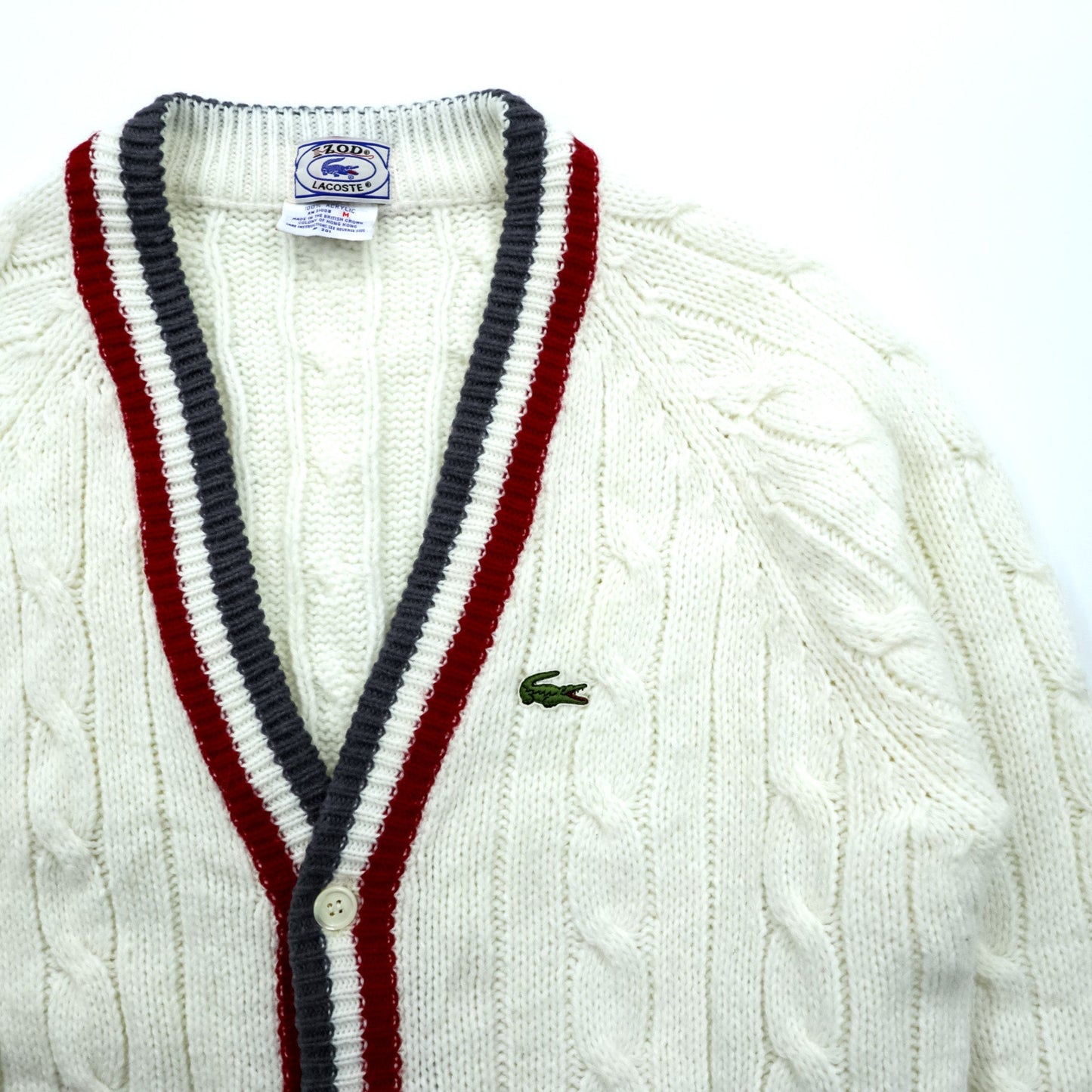 IZOD LACOSTE 70年代 ヴィンテージ ニット カーディガン M ホワイト 糸巻タグ トリコロール