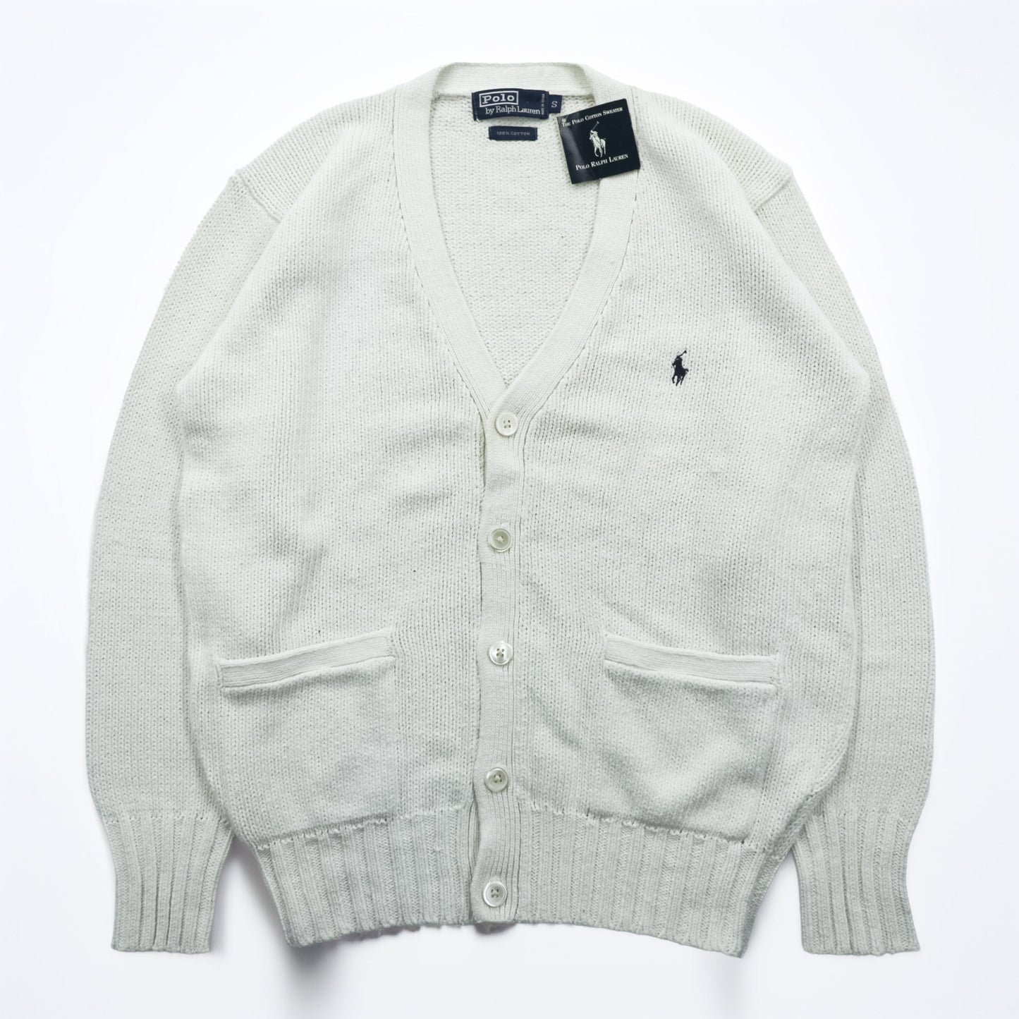 Polo Ralph Lauren 90年代 ニット Vネック カーディガン S ホワイト コットン ポケット 未使用品