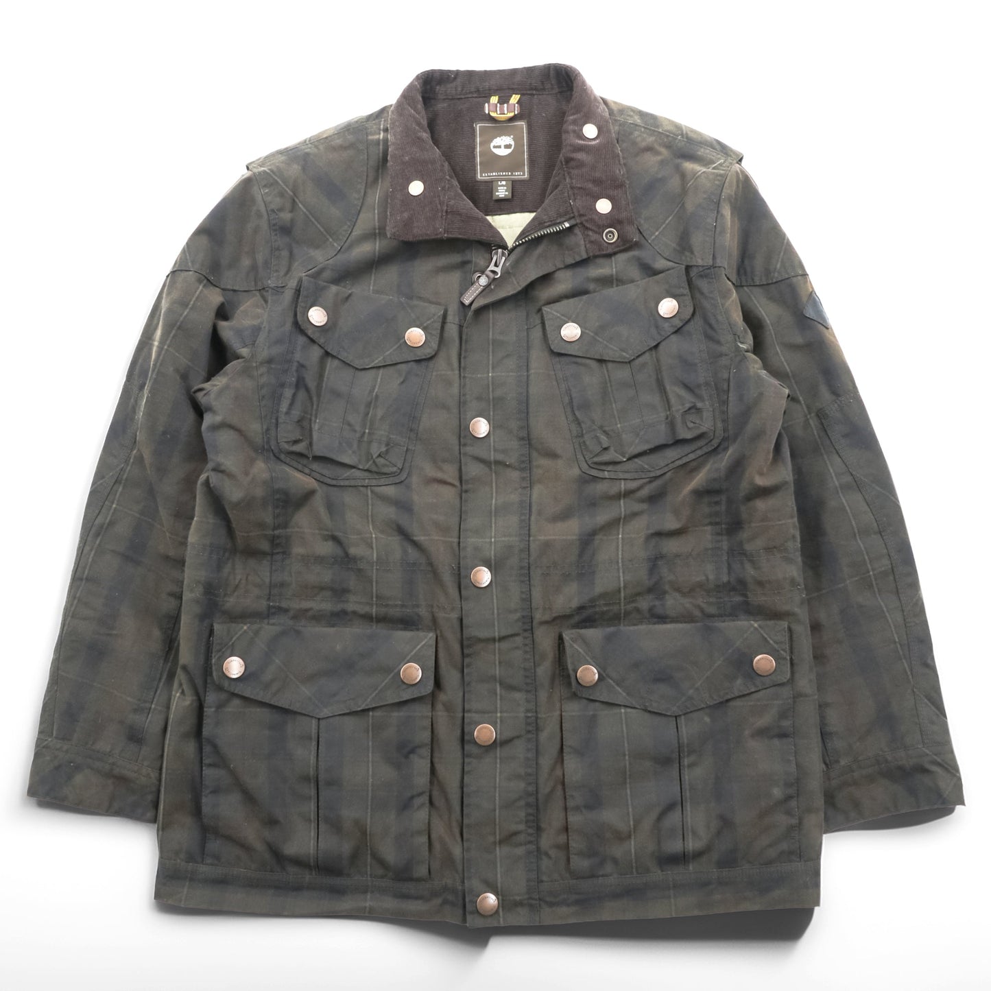 Timberland × British Millerain オイルド ハンティングジャケット L チェック チンストラップ 襟コーデュロイ 英国製生地 ワックスコットン