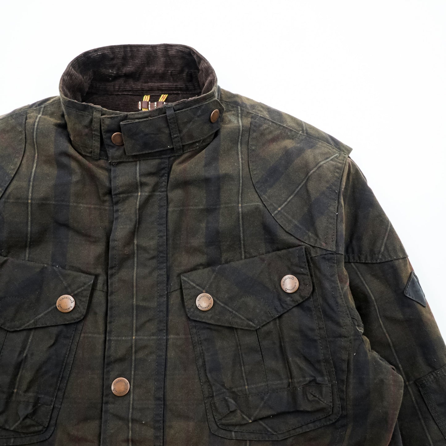 Timberland × British Millerain オイルド ハンティングジャケット L チェック チンストラップ 襟コーデュロイ 英国製生地 ワックスコットン