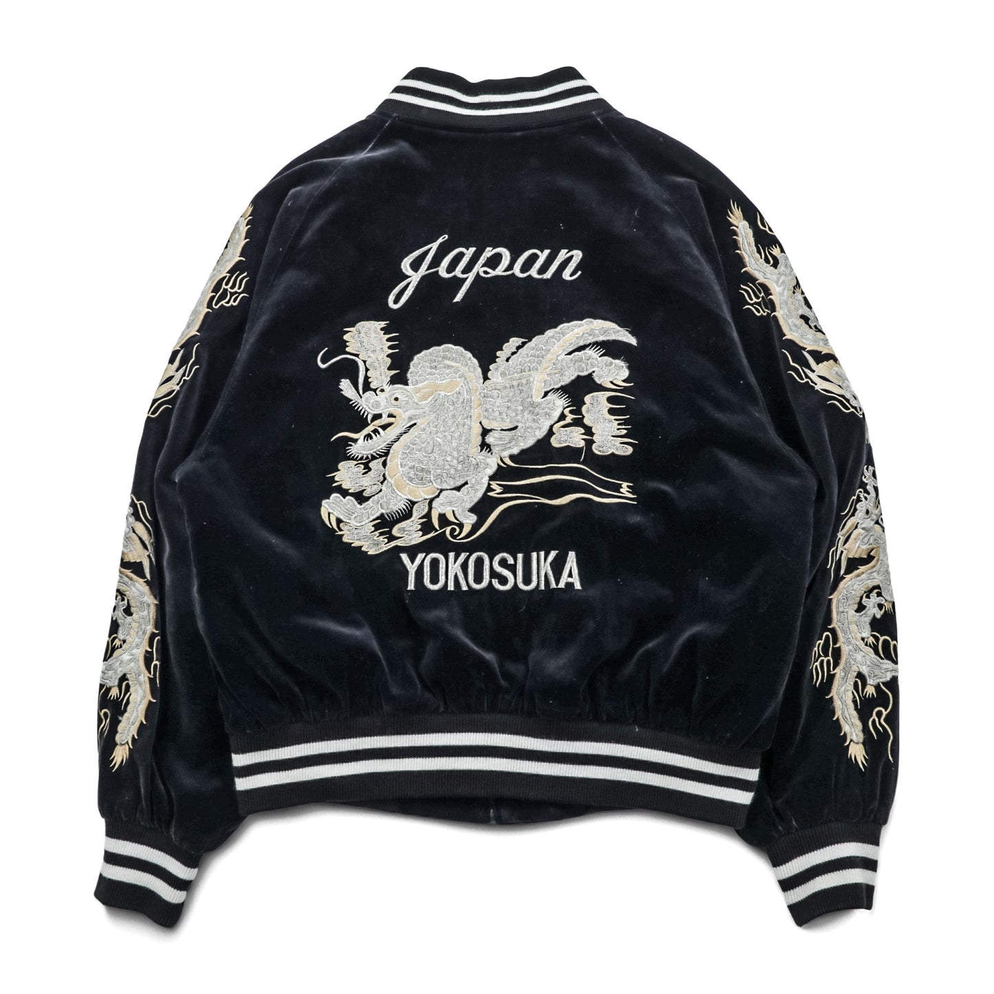 LONDON F.B. 80年代 日本製 ヴィンテージ ベロア 別珍 スカジャン スーベニアジャケット L ブラック 龍 刺繍 JAPAN YOKOSUKA