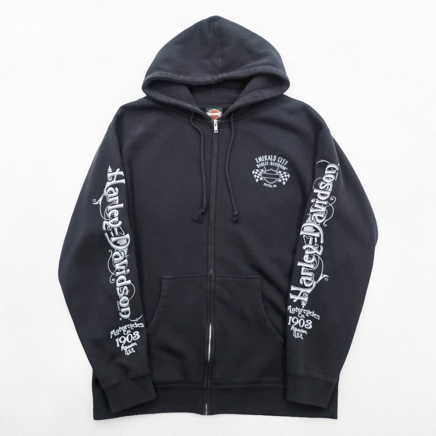 HARLEY DAVIDSON ジップパーカー L ブラック スリーブ プリント バックロゴ Bravado製 EMERALD CITY