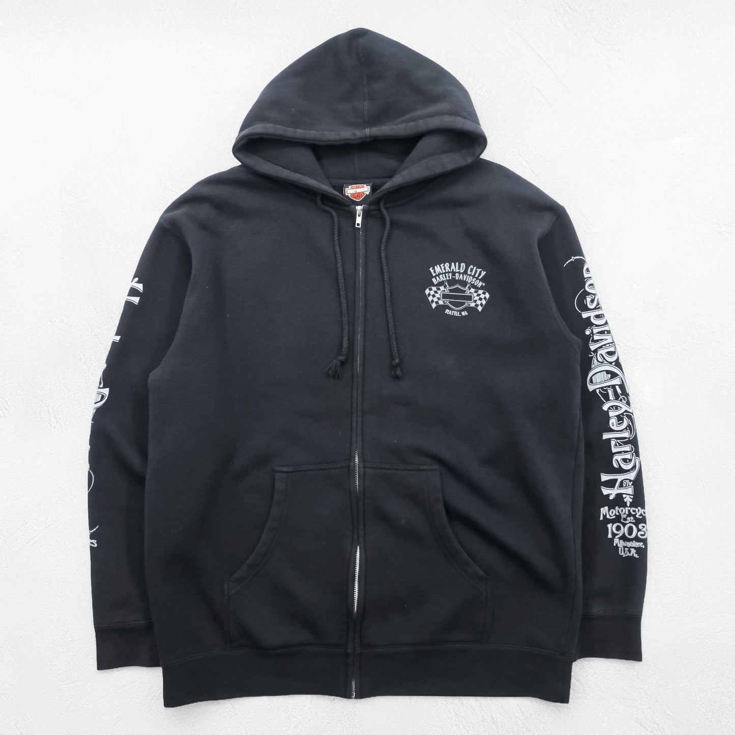 HARLEY DAVIDSON ジップパーカー L ブラック スリーブ プリント バックロゴ Bravado製 EMERALD CITY